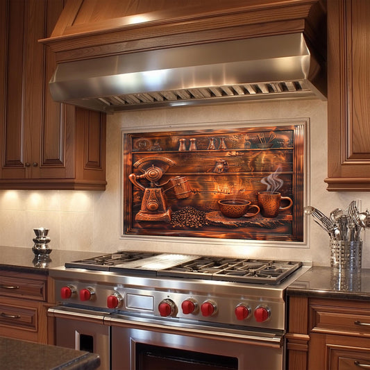 Coffee-themed backsplash, tempered glass panel, vintage kitchen wall art, heat-resistant splashback, easy to clean wall protector, modern kitchen accent, artistic backsplash, stove protector, rustic kitchen decor