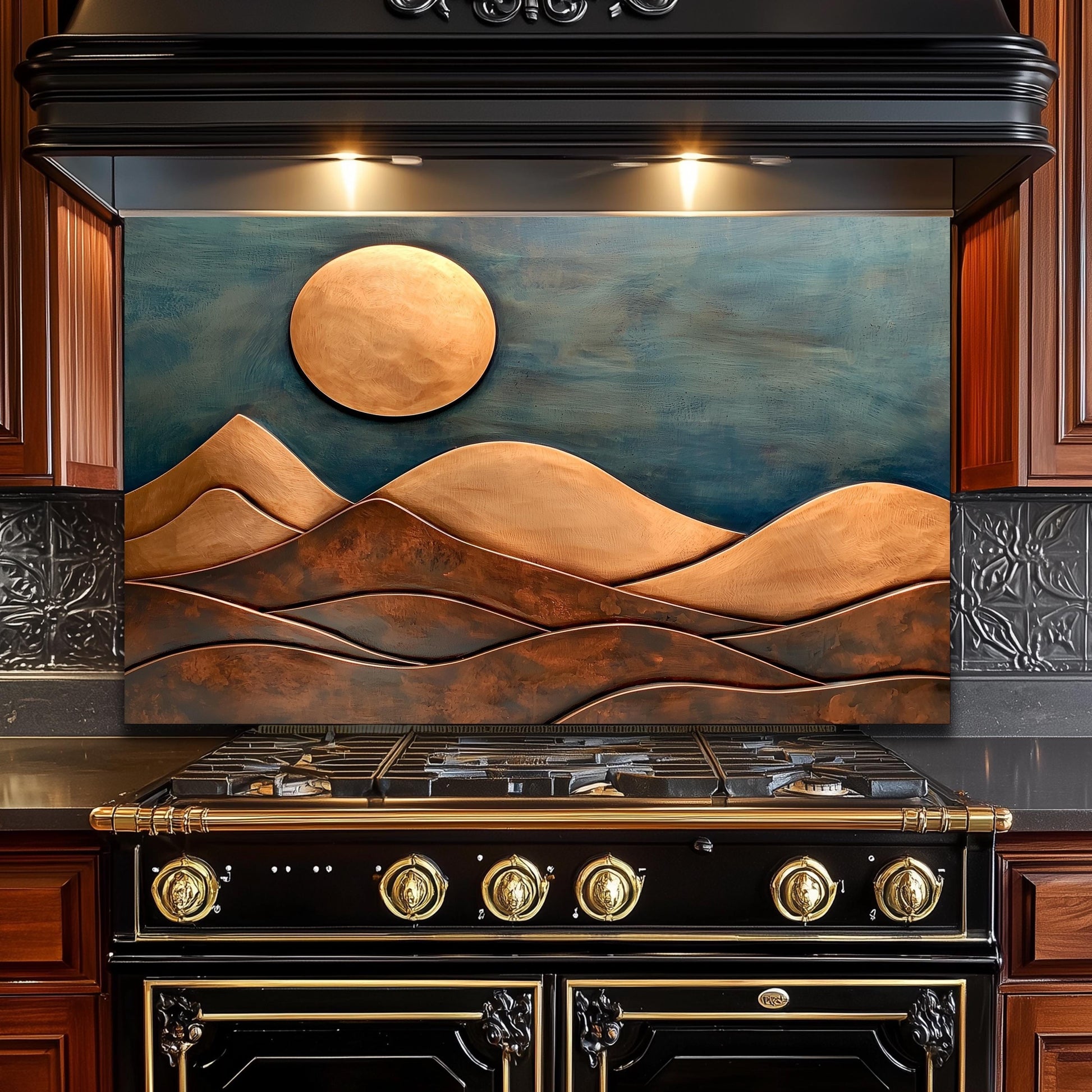 Copper-Effect Mountain Tempered Glass Backsplash: Rustic Kitchen Decor