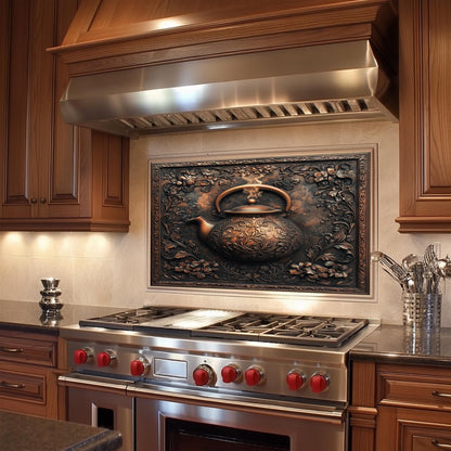 Tempered glass kitchen backsplash with teapot design