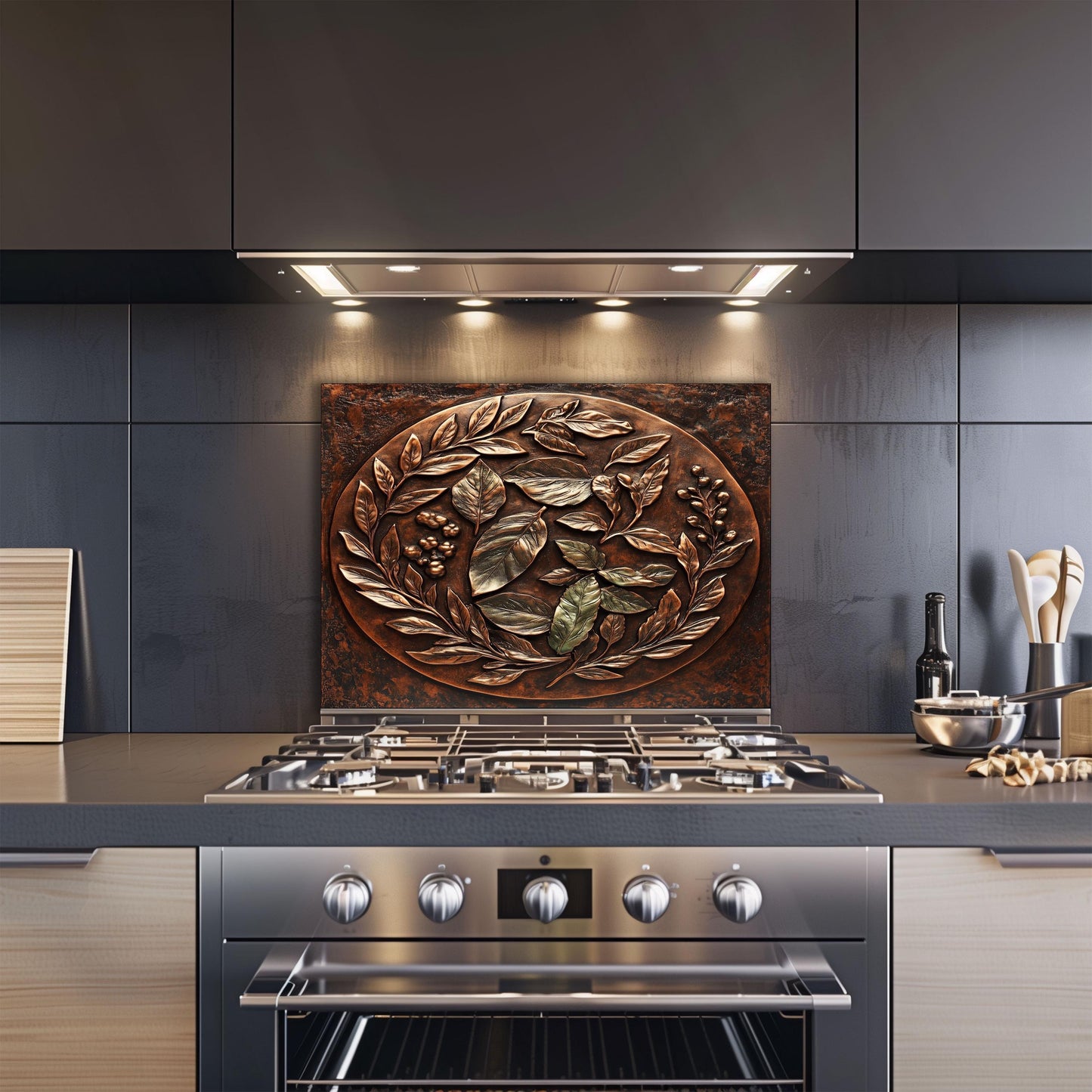 Tempered glass backsplash, copper leaf wreath design, heat-resistant wall panel, easy clean kitchen protector, artistic backsplash, stove protector, stylish wall art, modern kitchen decor