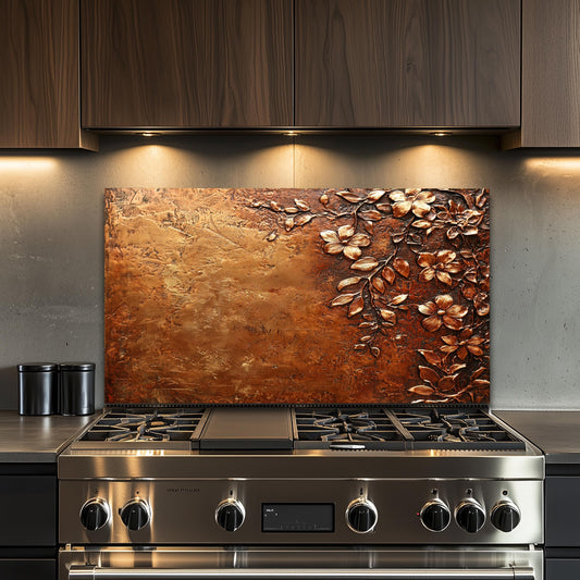 Floral Copper-Effect Tempered Glass Kitchen Backsplash: Rustic Heron Design