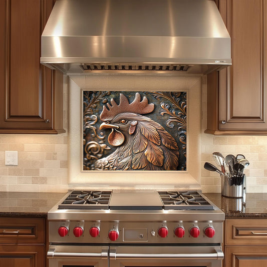 Rustic Rooster Kitchen Backsplash, Copper Texture Tempered Glass Art, Custom Size Design