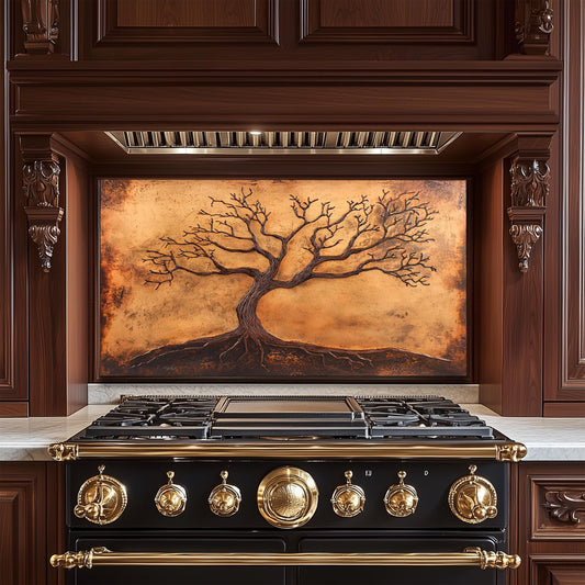 Copper Tree of Life Glass Backsplash, Rustic Metal Stove Guard, Heat Resistant Kitchen Art