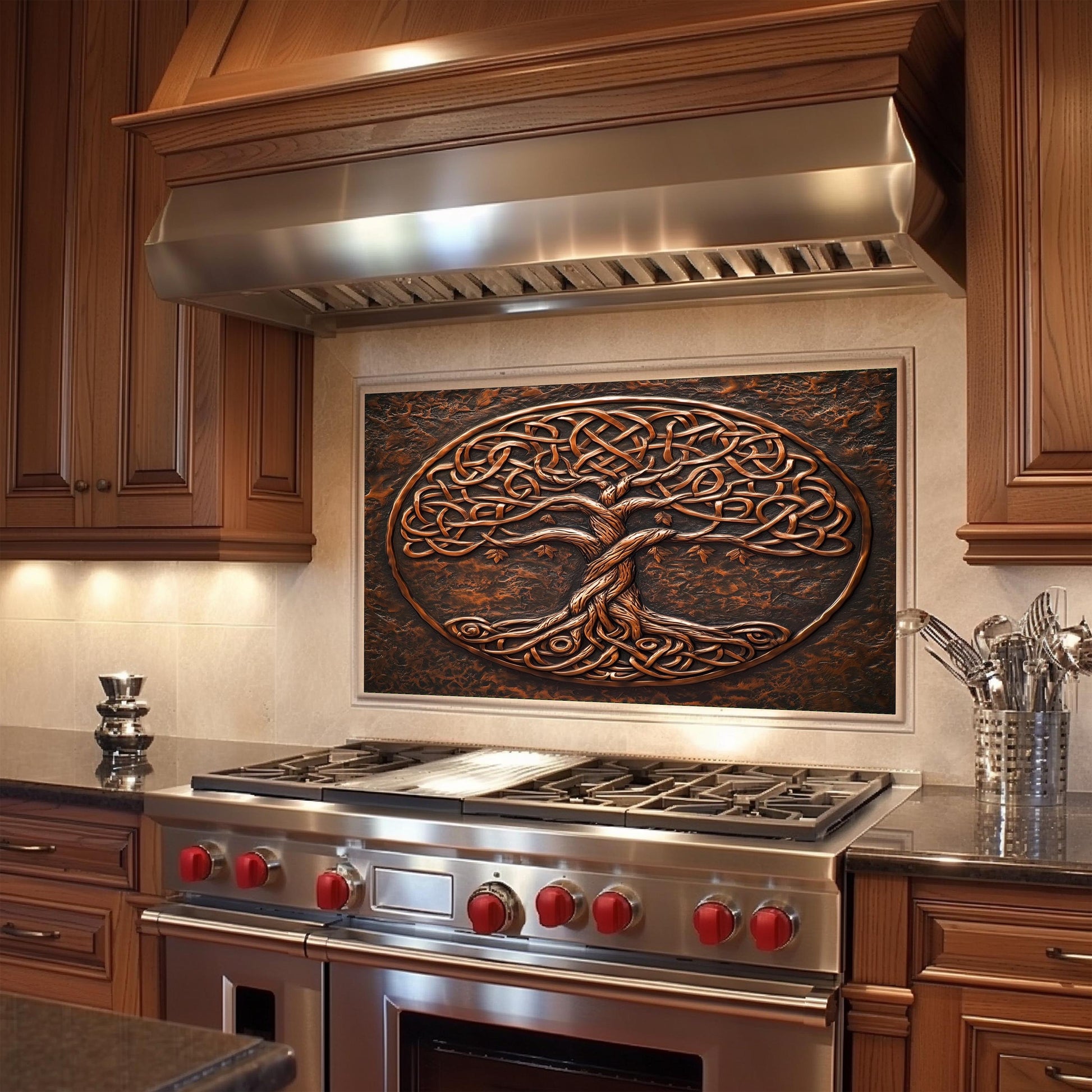 Tree of Life Tempered Glass Backsplash: Copper Embossed Kitchen Wall Art