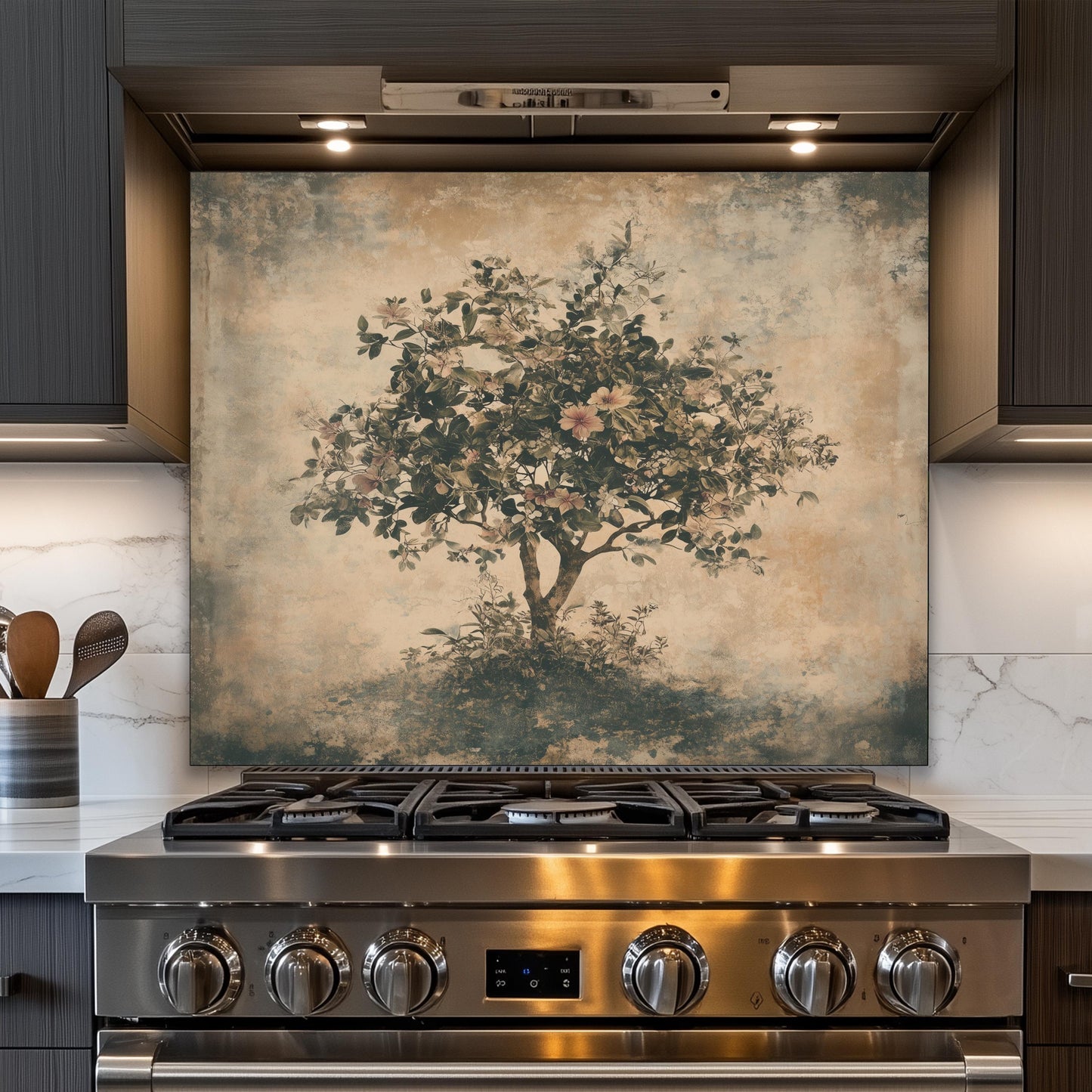 Tree of life glass backsplash, floral design, heat-resistant tempered glass, kitchen wall protector, artistic backsplash, easy to clean, modern kitchen decor, stove splashback, elegant wall art