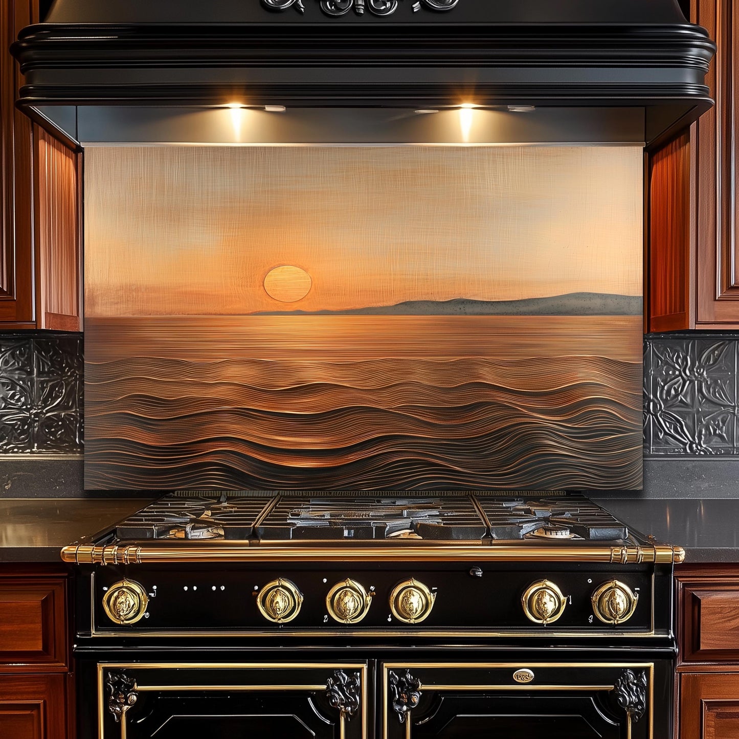 Sunset Ocean Glass Backsplash, Golden Coastal Stove Guard, Heat Resistant Easy Clean Kitchen Art
