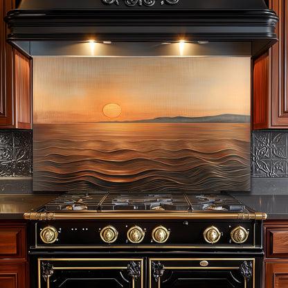 Sunset Ocean Glass Backsplash, Golden Coastal Stove Guard, Heat Resistant Easy Clean Kitchen Art