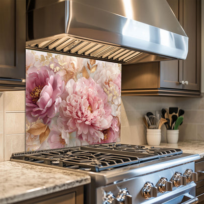 Pink Peony Tempered Glass Kitchen Backsplash: Gold Accent Floral Stove Panel