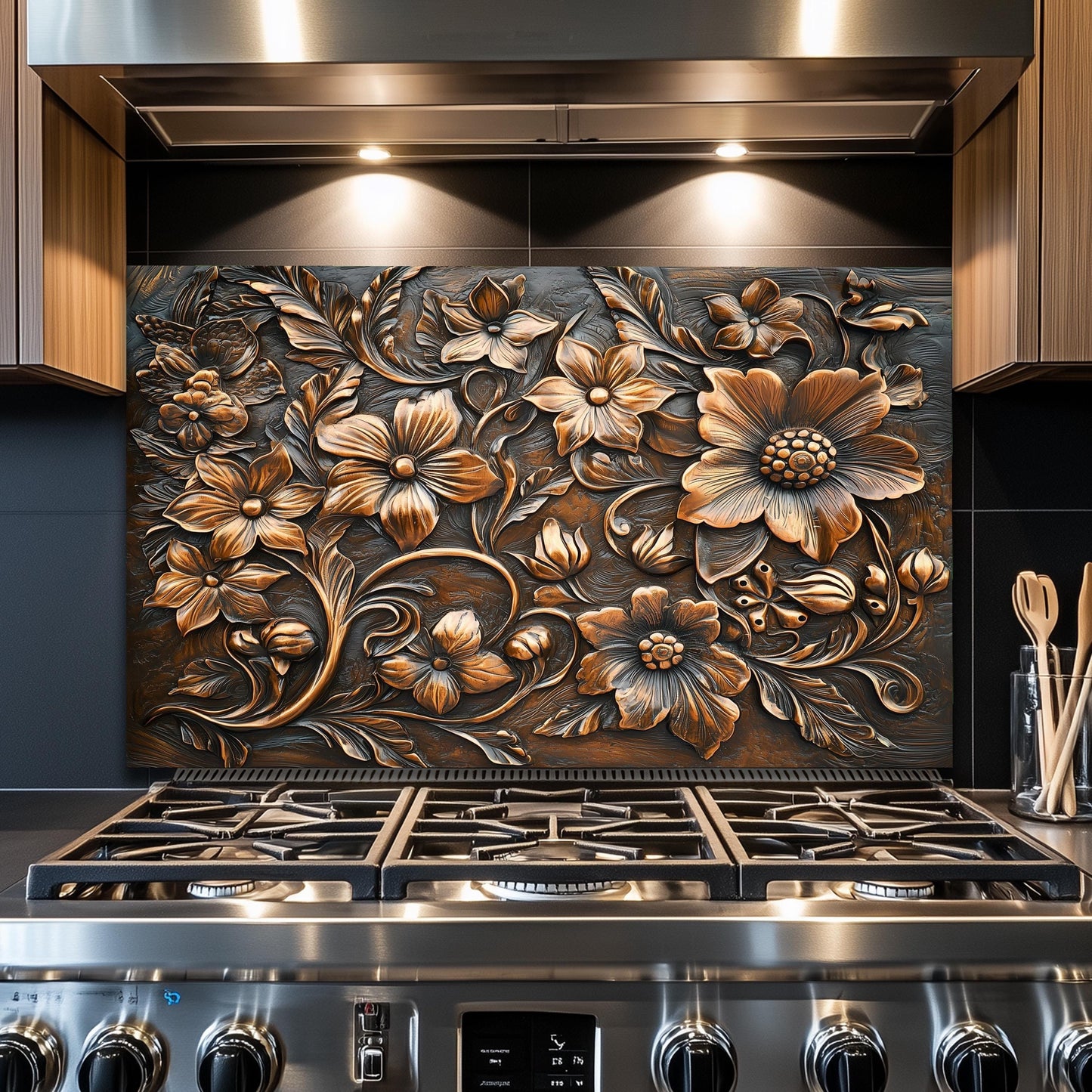 Ornate Floral Tempered Glass Backsplash: Rustic Kitchen Decor
