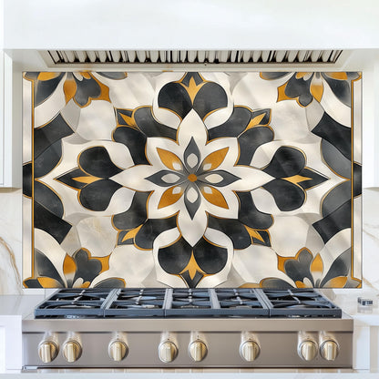 Navy & Orange Moroccan Backsplash, Heat Resistant Stove Guard, Custom Size Glass Art