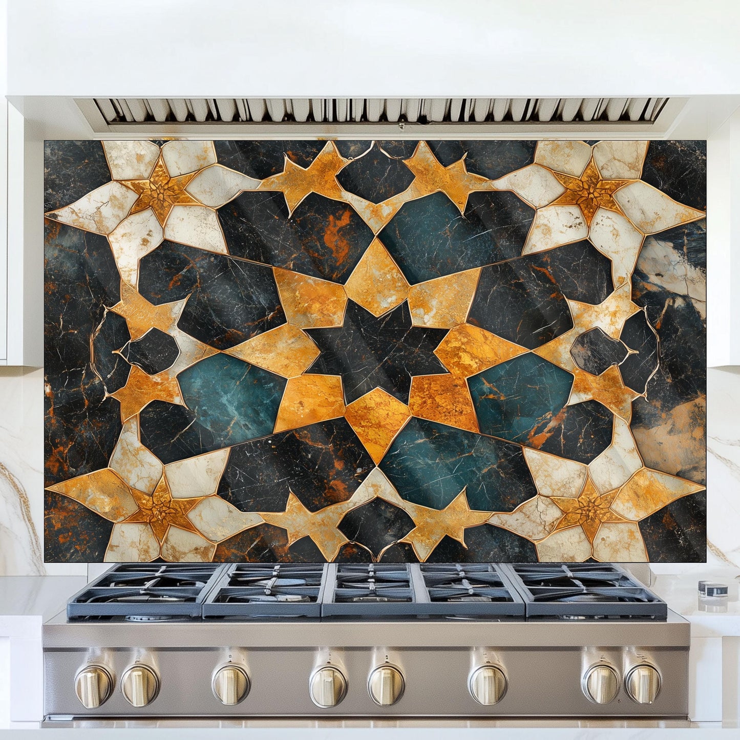Moroccan Tile Glass Backsplash, Geometric Floral Stove Guard, Heat Resistant Easy Clean Kitchen Art