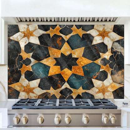 Moroccan Tile Glass Backsplash, Geometric Floral Stove Guard, Heat Resistant Easy Clean Kitchen Art