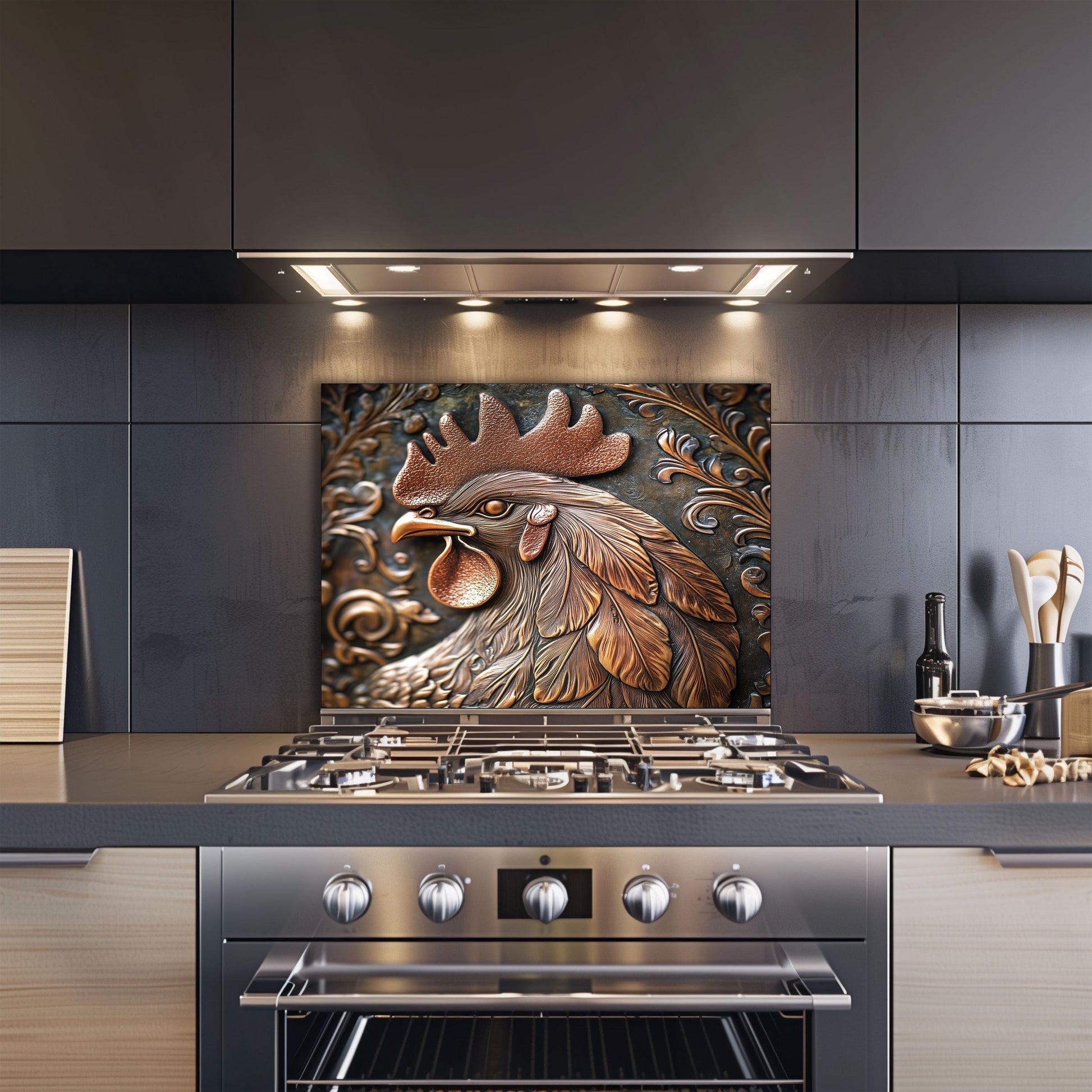 Rustic Rooster Kitchen Backsplash, Copper Texture Tempered Glass Art, Custom Size Design