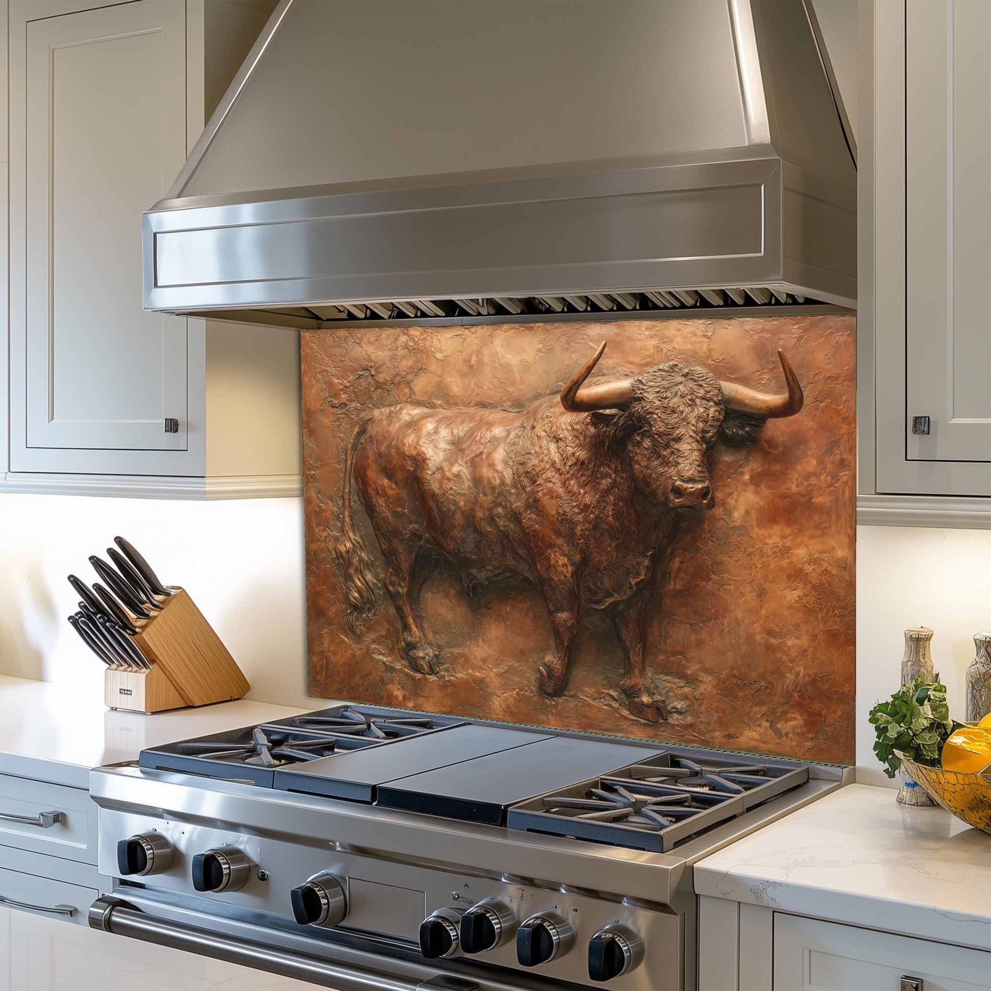 Embossed Copper Bull Tempered Glass Backsplash - Rustic Western Decor