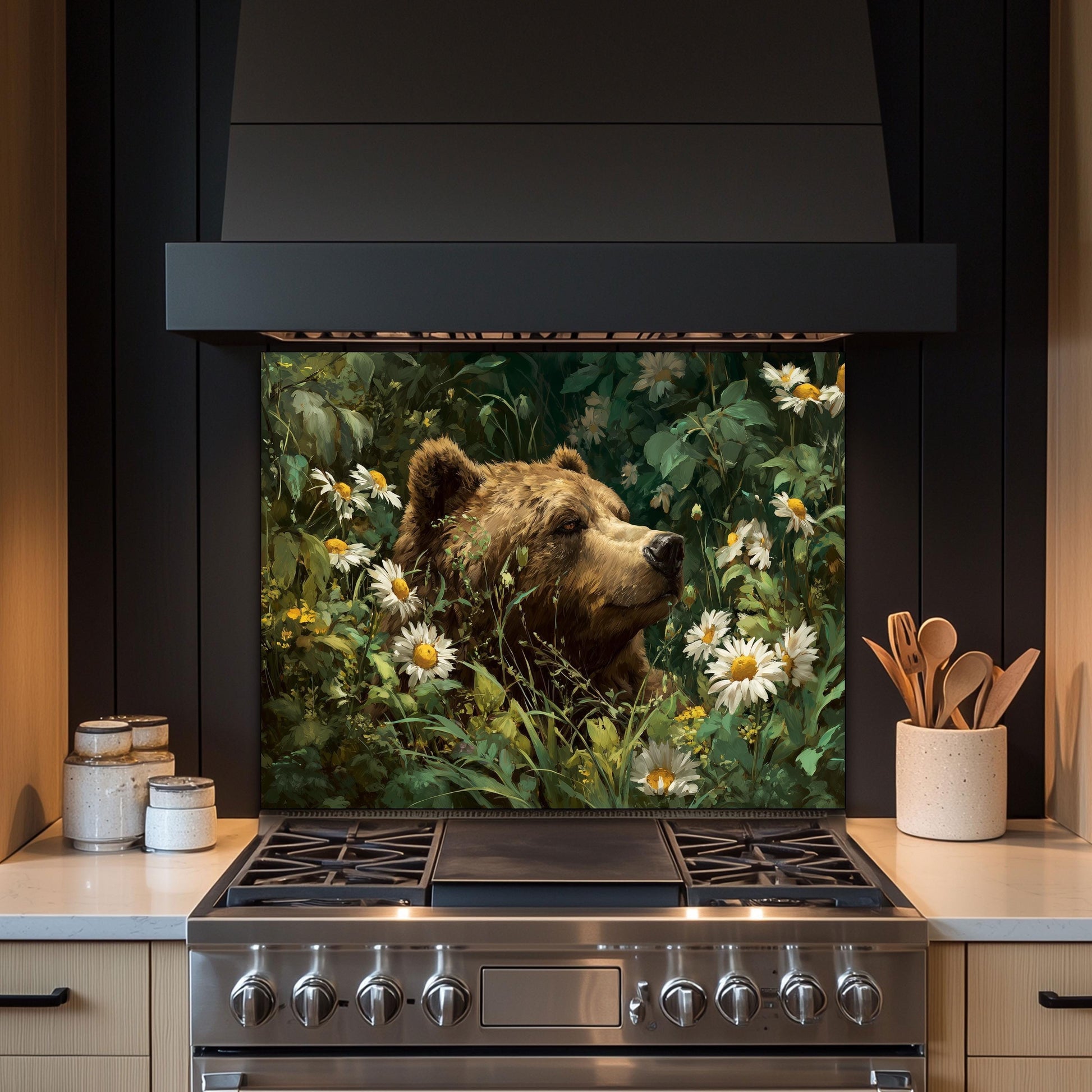 Copper Bear Kitchen Backsplash, Rustic Mountain Landscape Tempered Glass, Custom Size Design