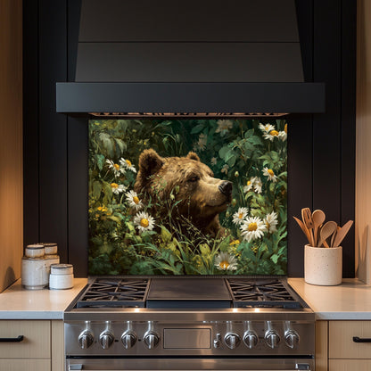 Copper Bear Kitchen Backsplash, Rustic Mountain Landscape Tempered Glass, Custom Size Design
