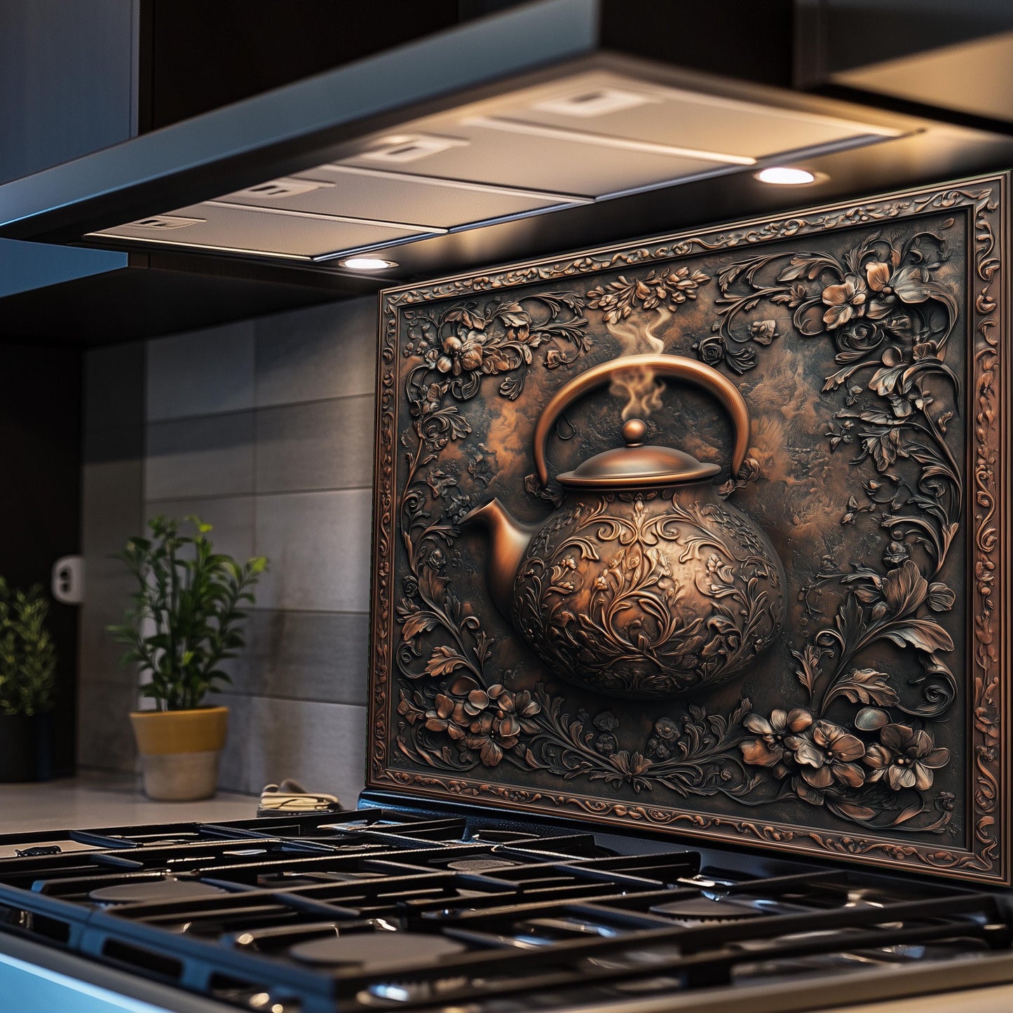Rustic kitchen wall protector, floral teapot design