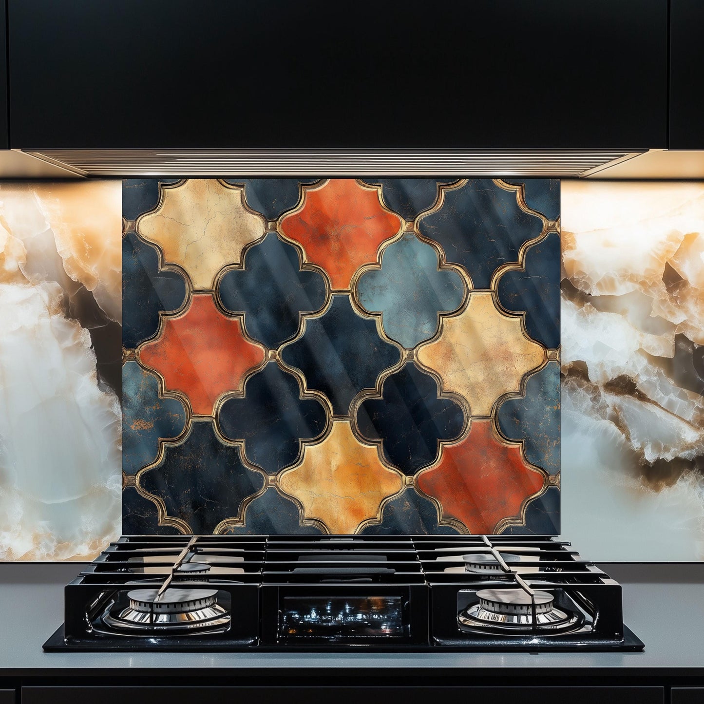Moroccan Navy & Gold Backsplash, Heat Resistant Stove Guard, Custom Size Glass Art