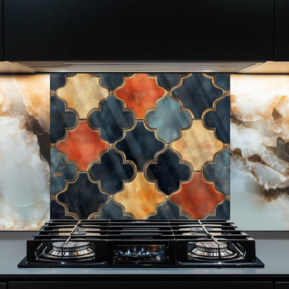 Moroccan Navy & Gold Backsplash, Heat Resistant Stove Guard, Custom Size Glass Art