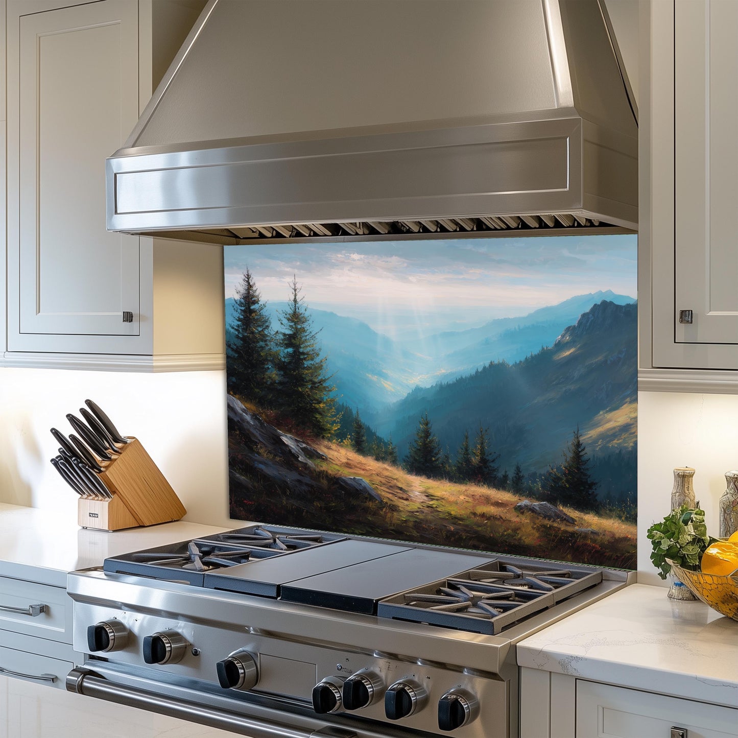 Misty Mountain Tempered Glass Backsplash: Heat-Resistant Stove Panel