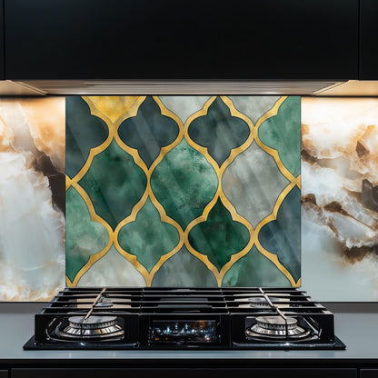 Moroccan Style Glass Backsplash, Blue Geometric Stove Guard, Heat Resistant Easy Clean Kitchen Art