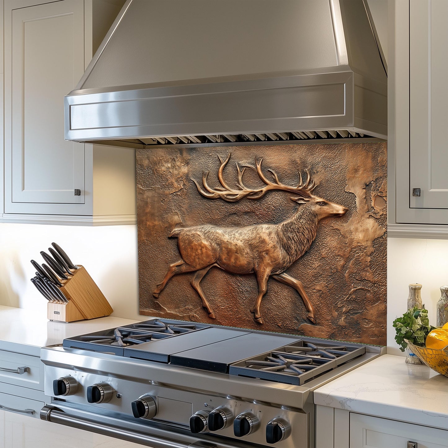 Rustic Deer Backsplash: Embossed Copper Stag Tempered Glass Stove Panel