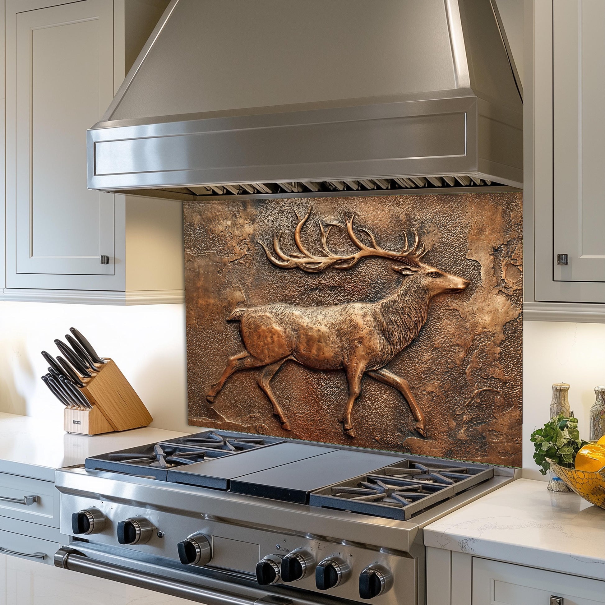 Rustic Deer Backsplash: Embossed Copper Stag Tempered Glass Stove Panel