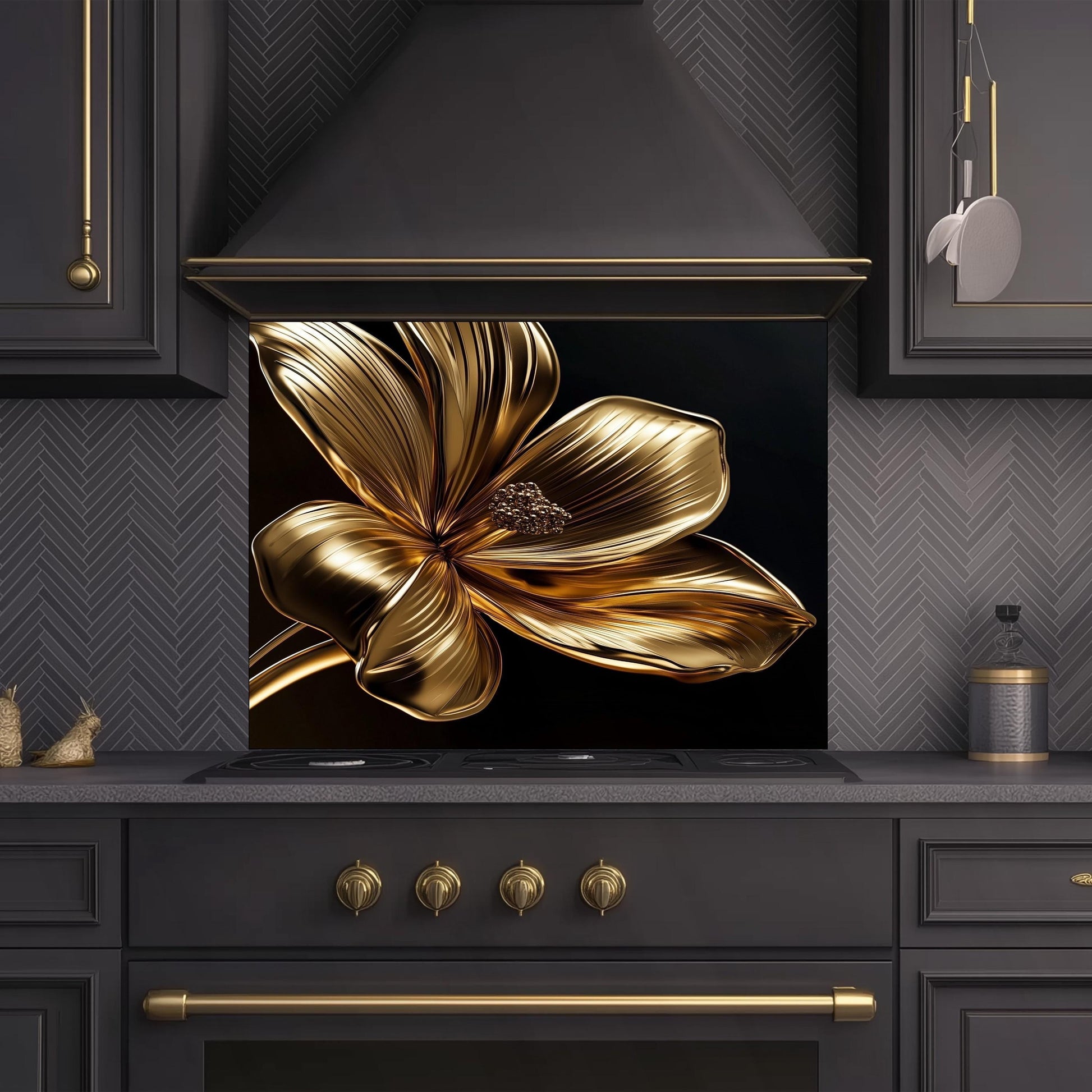 Golden Flower Tempered Glass Kitchen Backsplash: Decorative Wall Art