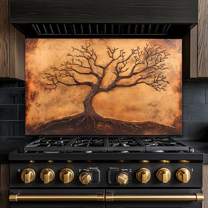 Copper Tree of Life Glass Backsplash, Rustic Metal Stove Guard, Heat Resistant Kitchen Art
