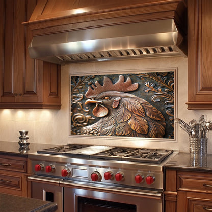 Rustic Rooster Kitchen Backsplash, Copper Texture Tempered Glass Art, Custom Size Design