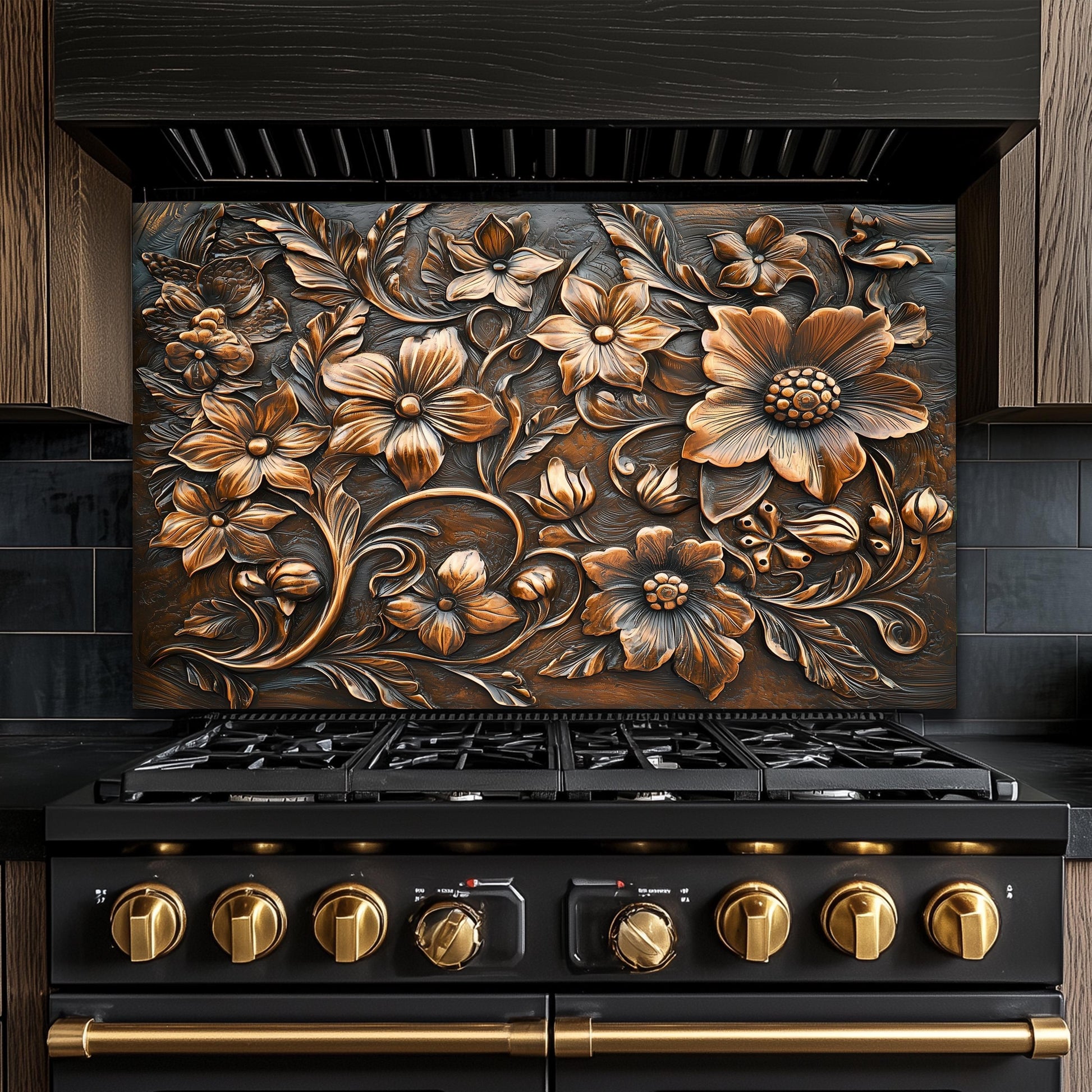 Ornate Floral Tempered Glass Backsplash: Rustic Kitchen Decor