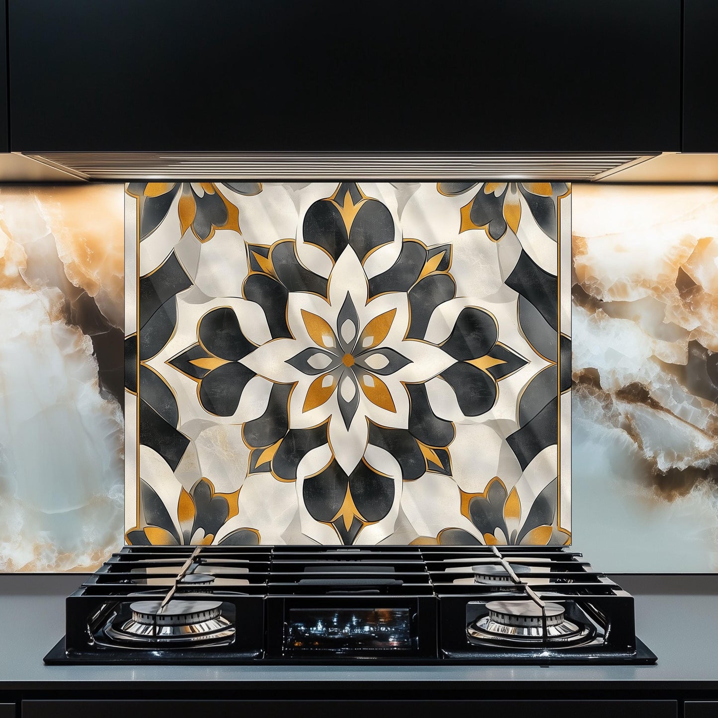 Navy & Orange Moroccan Backsplash, Heat Resistant Stove Guard, Custom Size Glass Art