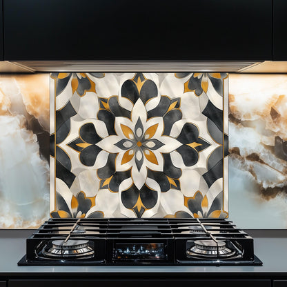Navy & Orange Moroccan Backsplash, Heat Resistant Stove Guard, Custom Size Glass Art