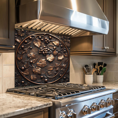 Vineyard theme backsplash, grapevine kitchen wall protector, heat-resistant tempered glass decor, rustic farmhouse backsplash, easy clean glass kitchen panel, grape leaf kitchen wall art, rustic kitchen decor