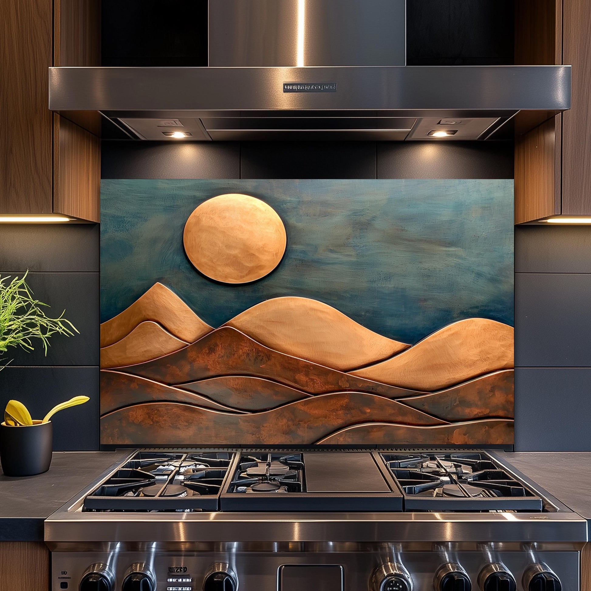 Copper-Effect Mountain Tempered Glass Backsplash: Rustic Kitchen Decor