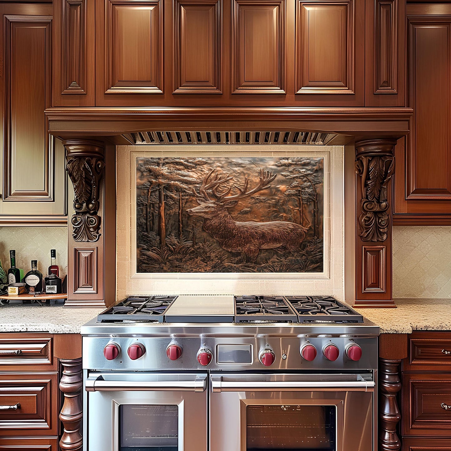 Majestic deer kitchen backsplash, rustic copper effect, heat-resistant tempered glass, easy clean kitchen wall protector, cabin kitchen decor, stove backsplash, nature-inspired wall protector