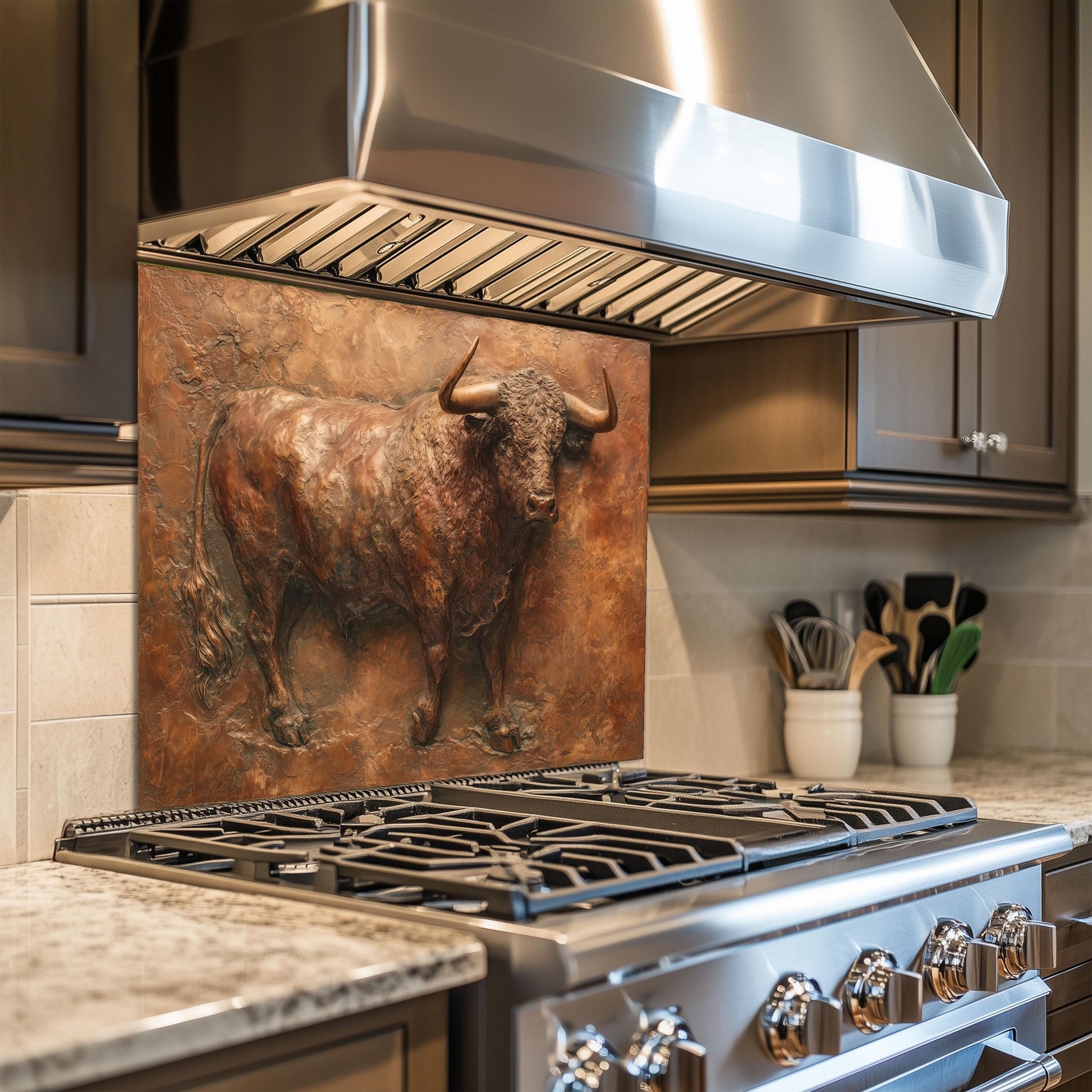 Embossed Copper Bull Tempered Glass Backsplash - Rustic Western Decor