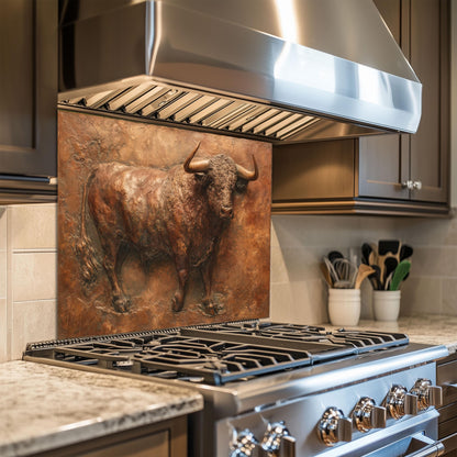 Embossed Copper Bull Tempered Glass Backsplash - Rustic Western Decor