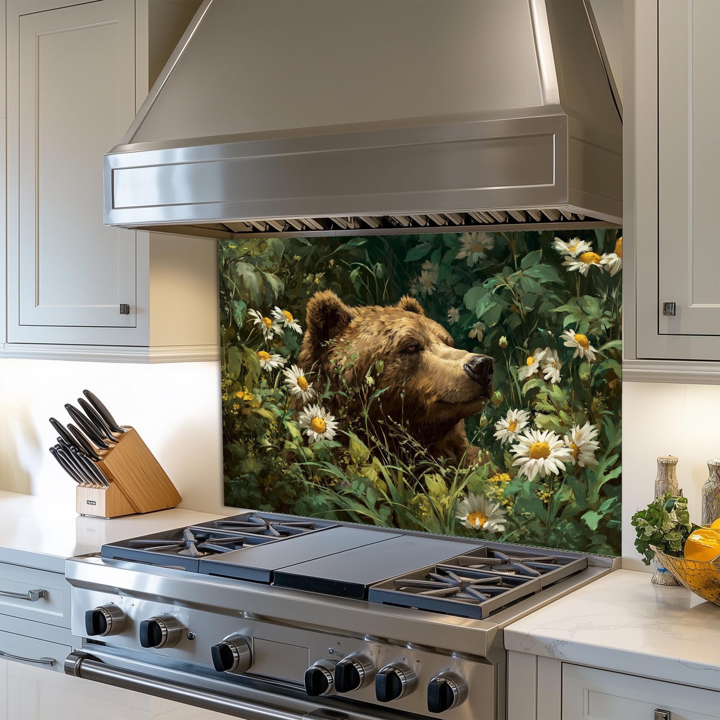 Copper Bear Kitchen Backsplash, Rustic Mountain Landscape Tempered Glass, Custom Size Design