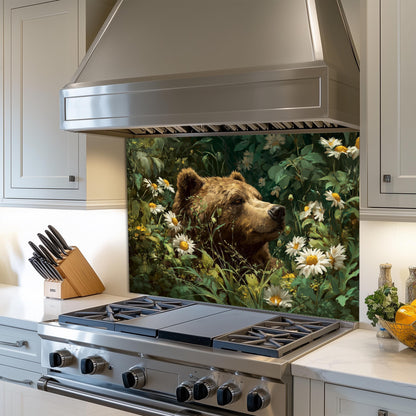 Copper Bear Kitchen Backsplash, Rustic Mountain Landscape Tempered Glass, Custom Size Design