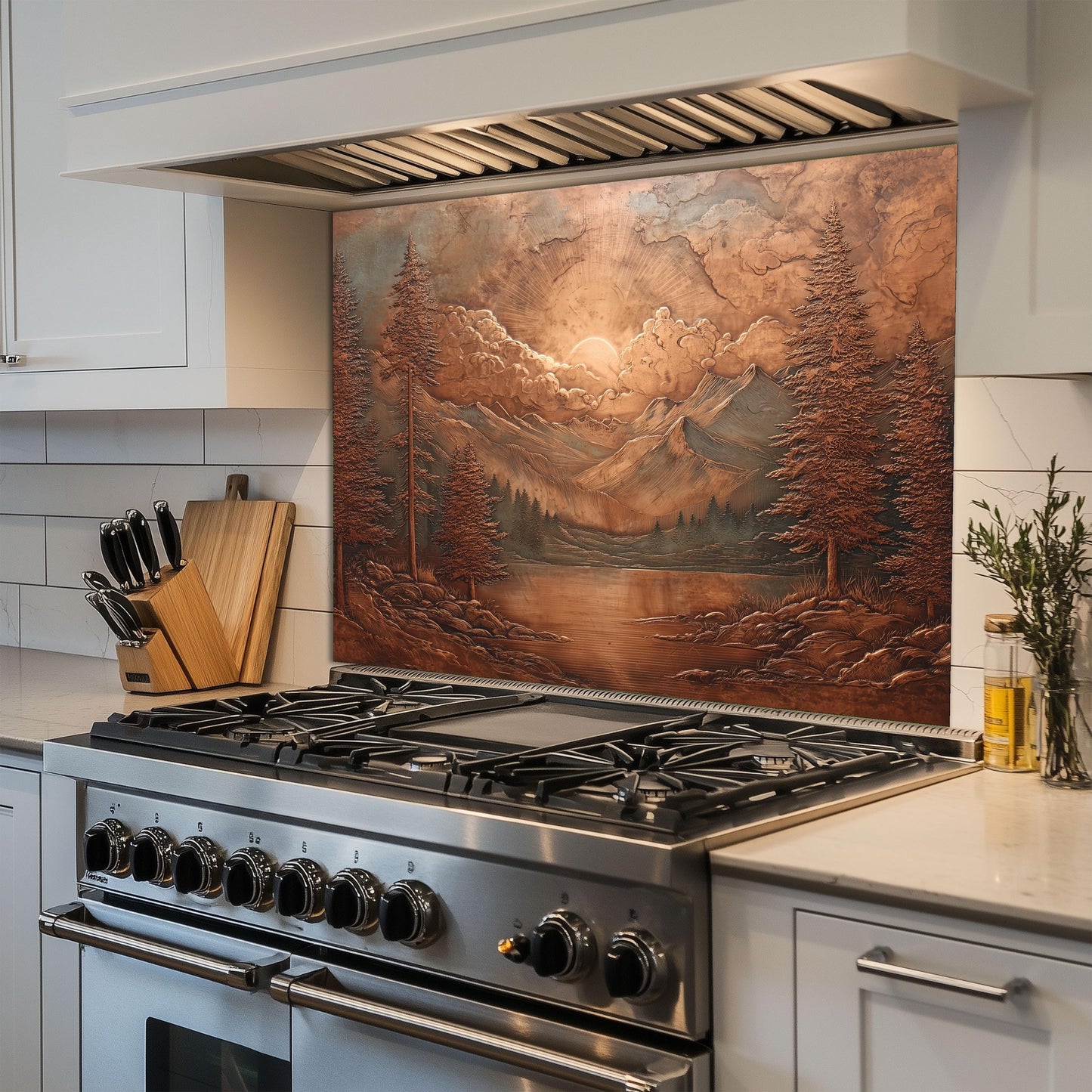 Tempered Glass Mountain Lake Backsplash: Copper-Look Rustic Kitchen Decor