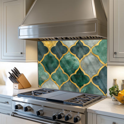 Moroccan Style Glass Backsplash, Blue Geometric Stove Guard, Heat Resistant Easy Clean Kitchen Art