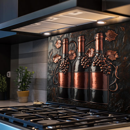Farmhouse glass backsplash, wine bottles and grapevine