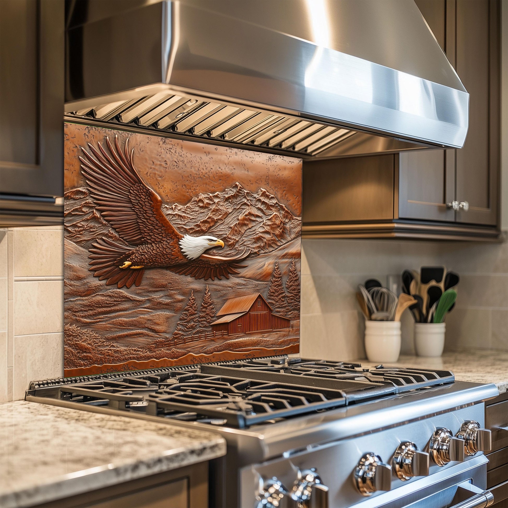 Tempered glass backsplash, majestic eagle design, copper-effect wall art, heat-resistant wall protector, farmhouse kitchen decor, rustic wall protector