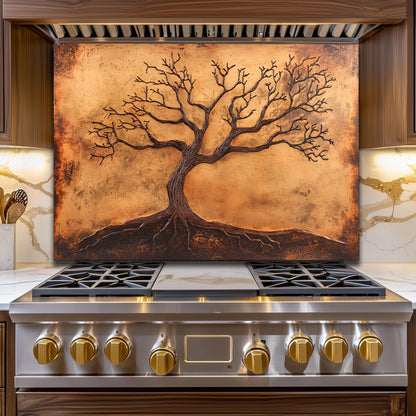 Copper Tree of Life Glass Backsplash, Rustic Metal Stove Guard, Heat Resistant Kitchen Art