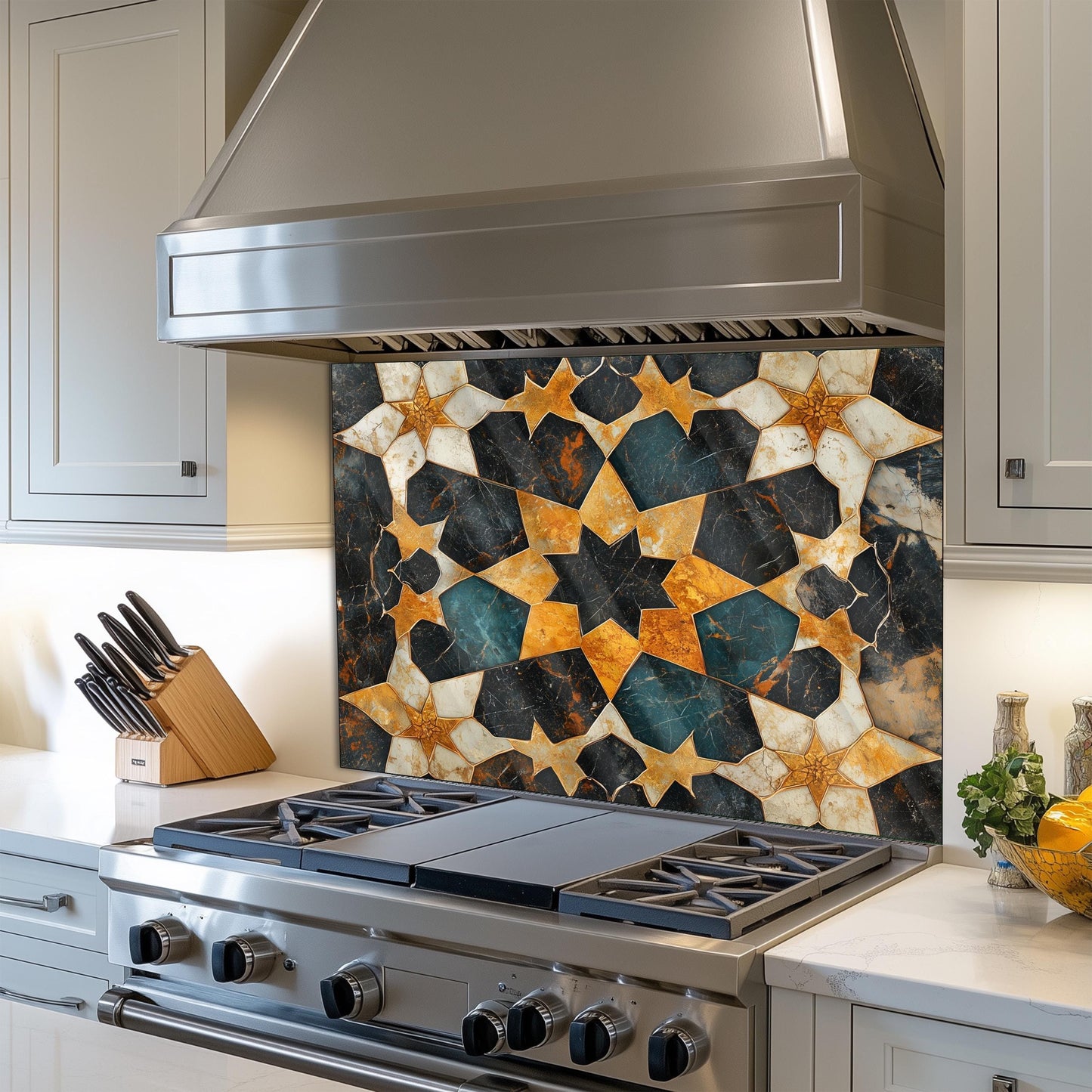 Moroccan Tile Glass Backsplash, Geometric Floral Stove Guard, Heat Resistant Easy Clean Kitchen Art