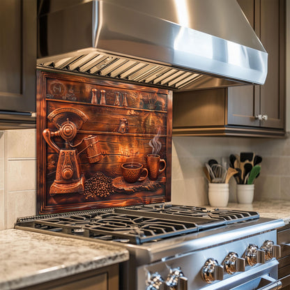 Coffee scene backsplash, tempered glass kitchen panel, heat-resistant splashback, easy to clean, stove wall protector, artistic wall art, modern kitchen accent, stylish backsplash, rustic coffee decor