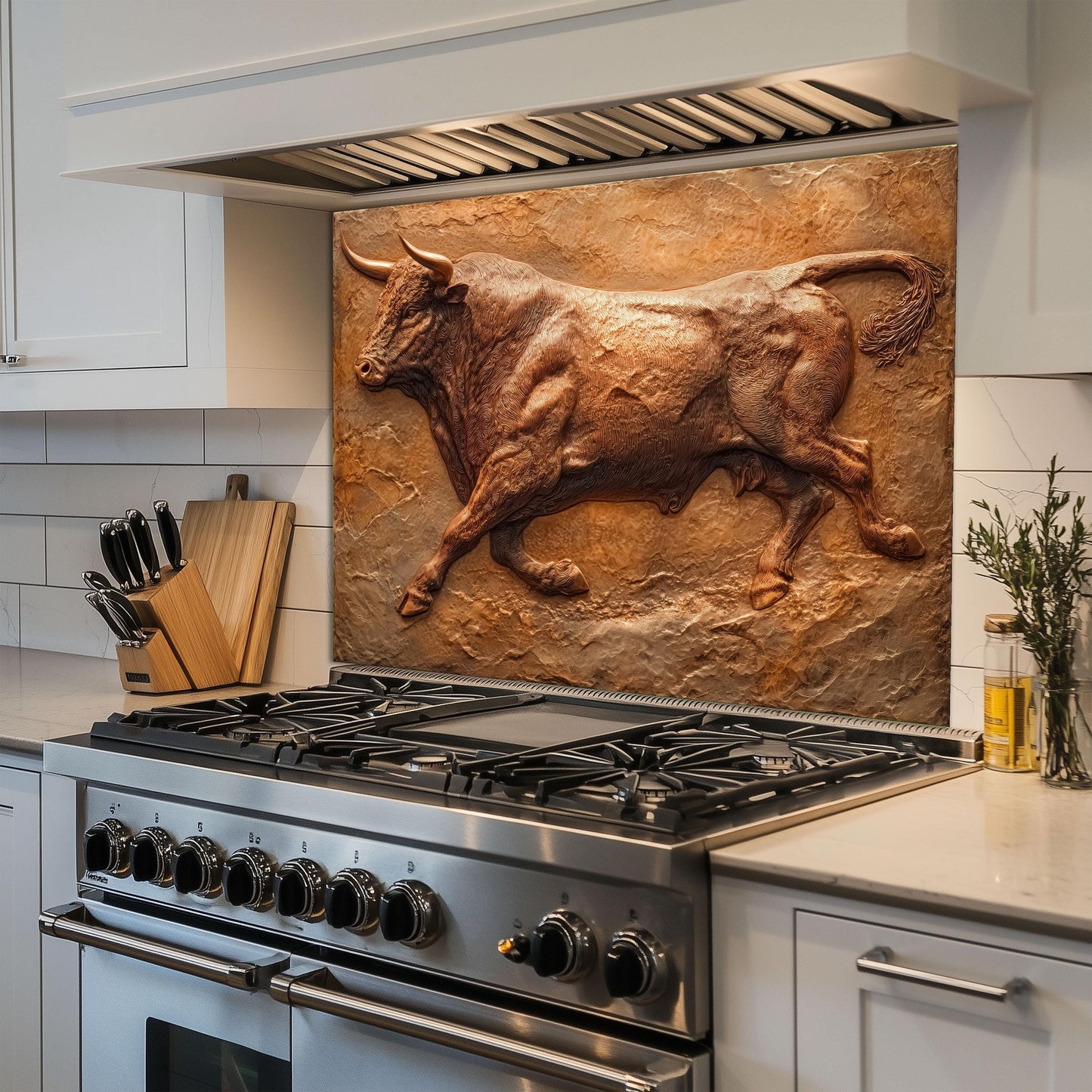 Copper Heron Tempered Glass Backsplash: Rustic Farmhouse Kitchen Wall Art