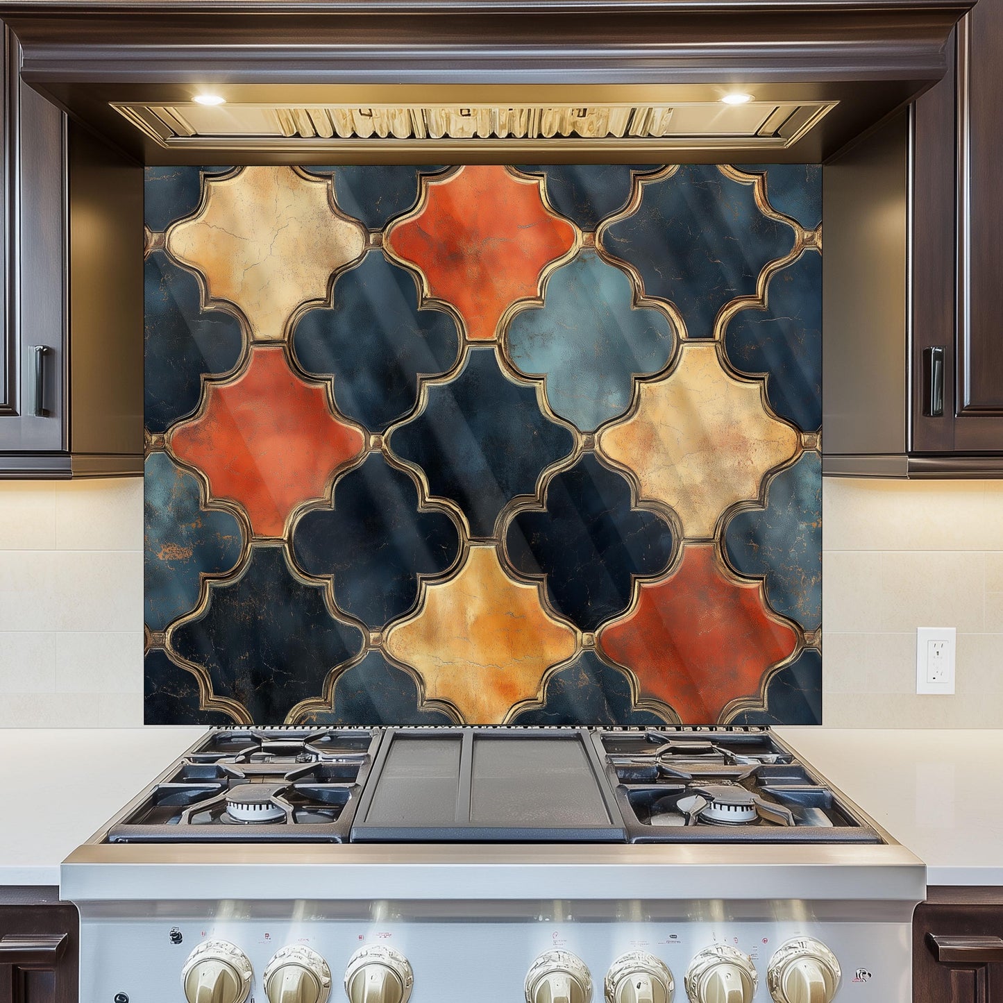 Moroccan Navy & Gold Backsplash, Heat Resistant Stove Guard, Custom Size Glass Art