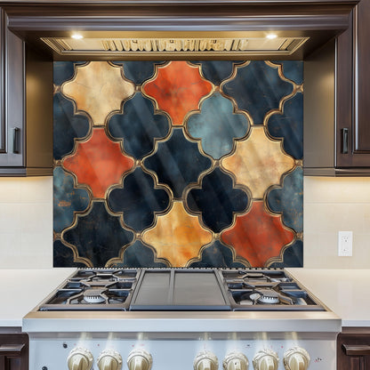 Moroccan Navy & Gold Backsplash, Heat Resistant Stove Guard, Custom Size Glass Art